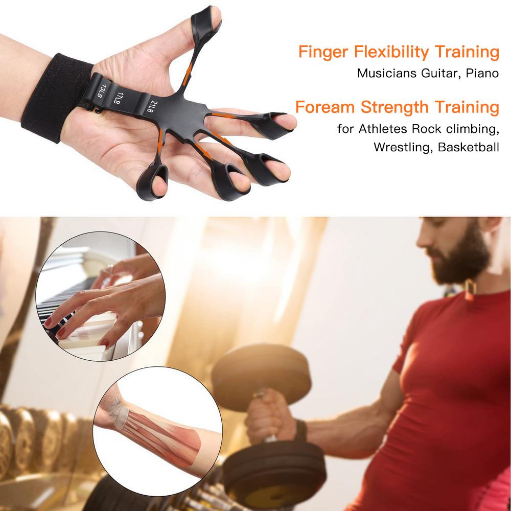 A hand wearing a USAdrop Silicone Finger Gripper Training Device Hand Yoga Resistance Band, with insets showing the device's use for finger flexibility training for musicians and forearm strength training for athletes.