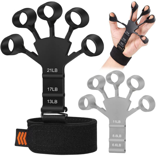 A set of USAdrop Silicone Finger Gripper Training Device Hand Yoga Resistance Bands with varying weight resistance, displayed on a white background, including a wrist strap and an image of a hand demonstrating their use.
